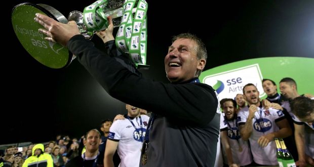Dundalk manager Stephen Kenny celebrates last season’s league title win. Photograph: Donall Farmer/Inpho