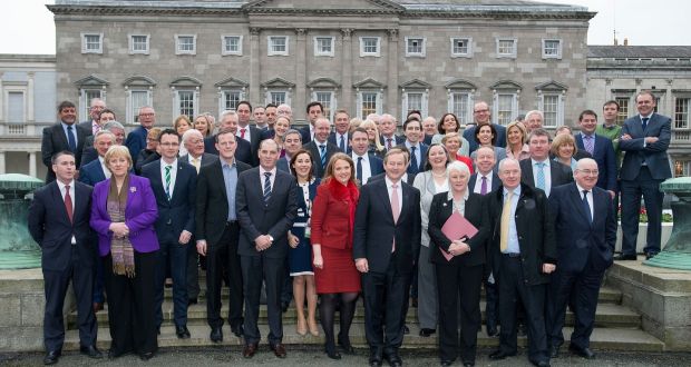 Perhaps to signal its intent, Fine Gael decided to hold a transition day photocall on the plinth, trotting out its parliamentary party for the cameras. An unusual move. Photograph: Dave Meehan/The Irish Times