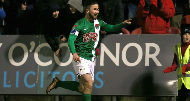 Cork City striker Seán Maguire celebrates scoring his second goal in the   SSE Airtricity League Premier Division game against Bohemians at  Turner’s Cross. Photograph: Donall Farmer/Inpho