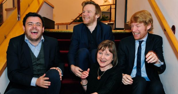 Anne Clarke of Landmark Productions, who won the special tribute award at the Irish Times Irish Theatre Awards, is pictured with (from left) Laurence Kinlan, the best supporting actor, Brian Gleeson and Domhnall Gleeson. Photograph: Aidan Crawley