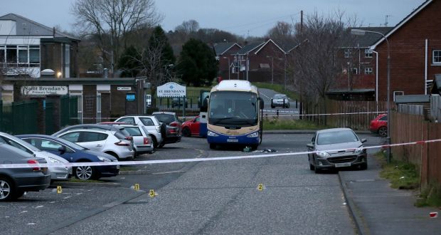 The scene of a shooting near a primary school in the Moyraverty area of Craigavon, Co Armagh. Photograph: Niall Carson/PA