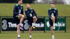 Alan Judge (centre) with Stephen Ward and Wes Hoolahan at Ireland squad training. Photograph: Donall Farmer/Inpho