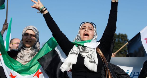 Supporters of the Syrian opposition protest during a rally in Geneva on March 19th to commemorate the fifth year of the Syrian war. Photograph: Salvartore Di Nolfi/EPA