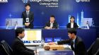 The world’s top Go player Lee Sedol (right) plays against Google’s artificial intelligence programme AlphaGo as Google DeepMind’s lead programmer Aja Huang (left) looks on during the fourth match of Google DeepMind Challenge Match in Seoul, South Korea recently. Photograph: REUTERS/Korea Baduk Association/Yonhap 