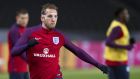 Harry Kane in action during the England training session at Olympiastadion in Berlin:  he will start for only the ninth time as he seeks to maintain the impressive form he has demonstrated at Tottenham. Photograph: Annegret Hilse/Getty Images