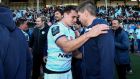 Racing 92’s Juan Imhoff and assistant coach Ronan O’Gara after they beat Toulon in Paris in the Champions Cup quarter-final. Photograph: James Crombie/Inpho