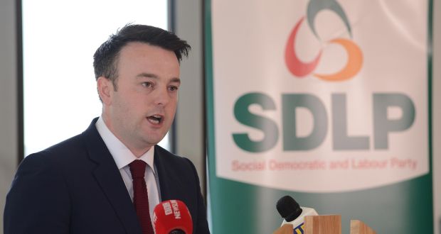 The Social Democratic and Labour Party (SDLP) leader Colum Eastwood at the party’s manifesto launch in The O’Neill Ranfurly House Arts and Visitor Centre in Dungannon. Photograph: Arthur Allison