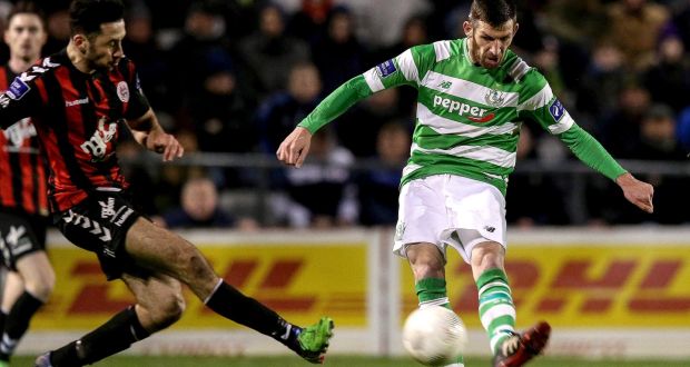 Gavin Brennan curls home Shamrock Rovers’ fourth goal during the Aitricity League Premier Division  game against Bohemians at Dalymount Park. Photograph:  Ryan Byrne/Inpho