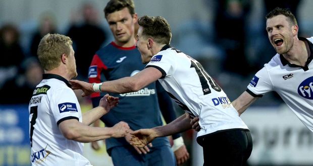 Dundalk’s Ronan Finn celebrates scoring from the penalty spot in the Airtricity League game against   Sligo Rovers at Oriel park. Photograph: Donall Farmer/Inpho