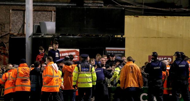  Gardaí holding back Bohs’ fans at Dalymount Park. Photograph: INPHO/Ryan Byrne