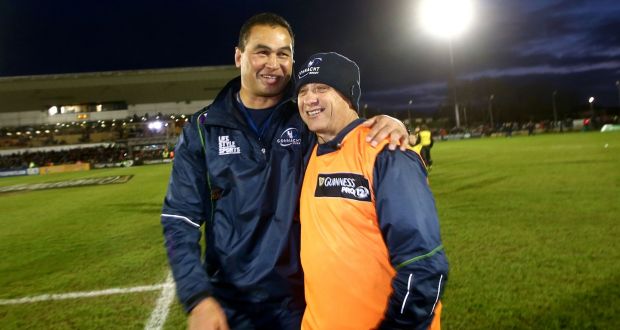 Connacht’s coach Pat Lam celebrates with skills coach Dave Ellis after the province’s Pro12 victory over Munster at  The Sportsground, Galway. Photograph: Inpho  