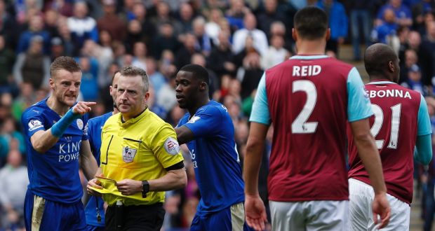 Leicester City’s Jamie Vardy reacts to being sent off in his side’s Premier League draw with West Ham. Photo: Adrian Dennis/Getty Images