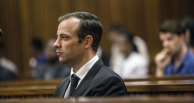 Oscar Pistorius sits in the dock during a hearing at the high court in Pretoria, South Africa on Monday.  The former Paralympian appeared briefly in court where a judge scheduled five days in June to determine his sentence for the conviction of murdering his girlfriend. Photograph: Marco Longari/Pool Photo via AP