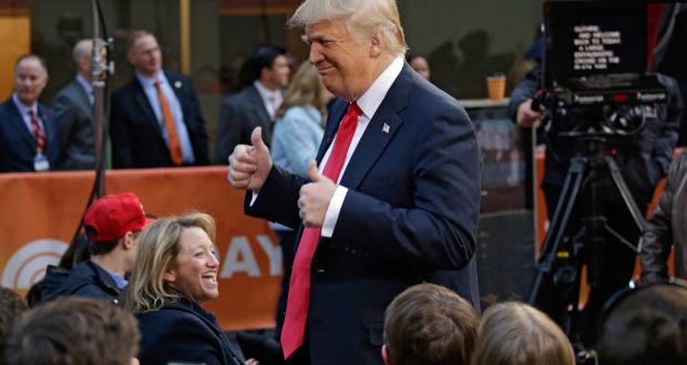 US Republican presidential candidate Donald Trump  gestures to the crowd during an appearance on NBC’s  Today Show in Rockefeller Plaza in New York. Photograph: Peter Foley/EPA