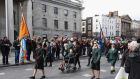 A group parades past the GPO during the Republican Sinn Féin organised Easter Rising commemorative parade, April 23rd, 2016.   