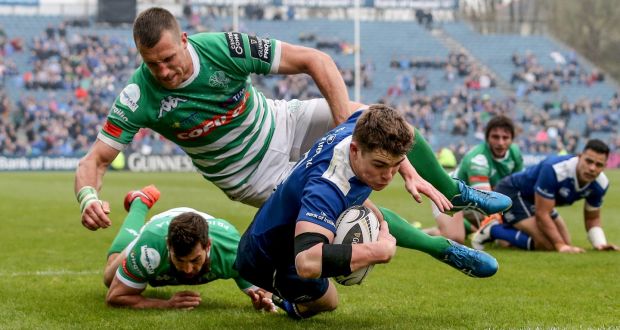 Garry Ringrose scores Leinster’s eighth and final try against Treviso. Photograph: Dan Sheridan/Inpho