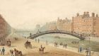 Watercolour drawing of Dublin’s Ha’penny Bridge (1818) by Samuel Frederick Brocas. Image courtesy of National Library of Ireland 