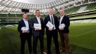  Connacht academy manager Nigel Carolan, head coach Pat Lam, CEO Willie Ruane and domestic rugby manager Eric Elwood at the launch of the province’s strategy for 2016-2020 at the  Aviva Stadium. Photograph: James Crombie/Inpho