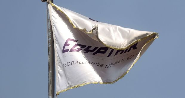 An EgyptAir flag is seen on a building outside the temporary EgyptAir Crisis Centre at Cairo International Airport. Photograph: Chris McGrath/Getty Images