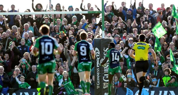 Connacht’s Niyi Adeolokun goes clear to score a try. Photo: James Crombie/Inpho