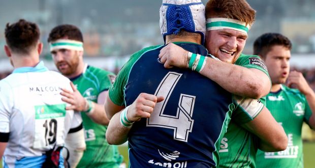 Connacht’s Ultan Dillane and Sean O’Brien celebrate reaching the Pro12 decider. Photograph: James Crombie/Inpho