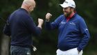 Shane Lowry celebrates with Keith Wood during the Pro-Am at Wentworth. Photograph: David Cannon/Getty Images