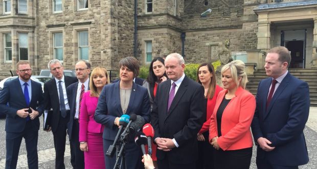 First Minister Arlene Foster and Deputy First Minister Martin McGuinness with the new-look Stormont Executive. The party leaders defended the framework pact as a more “thoughtful” way of governing. Photograph: PA