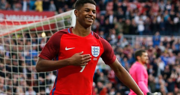 Marcus Rashford celebrates after scoring on his England debut in the friendly international against Australia at the Stadium of Light in Sunderland. Photograph: Ed Sykes/Action Images via Reuters/Livepic