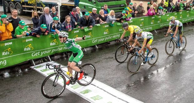 Eddie Dunbar crosses the line to secure victory in the  An Post Rás Stage seven. Photograph: Inpho