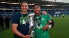 Connacht  coach Pat Lam and centre Bundee Aki celebrate with the Pro12 trophy. Photograph: James Crombie/Inpho
