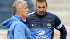  A  file photo from  June  2013 shows French  head coach Didier Deschamps speaking  to forward Karim Benzema  during a training session at the Gremio Stadium in Porto Alegre, Brazil. Photograph:   Franck Fife/AFP/Getty Images