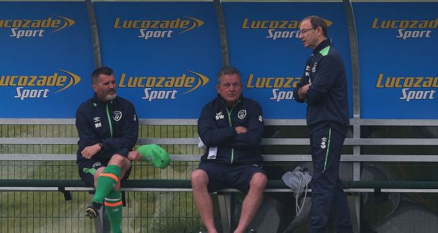 Republic of Ireland manager Martin O’Neill with assistant coach Roy Keane  and coach Steve Walford during a training session at the National Sports Campus in Abbotstown, Dublin. Photograph: Brian Lawless/PA Wire