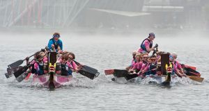 The Plurabelle Paddlers in action at Ringsend basin in Dublin. Photograph: Dave Meehan