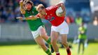 Meath’s Mickey Burke challenges Louth’s  Conor Grimes during the Leinster SFC quarter-final at Parnell Park. Photograph:  Tommy Dickson/Inpho