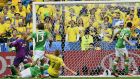 Republic of Ireland defender Ciaran Clark scores an own goal during the Euro 2016 group E  match against Sweden at the Stade de France. Photographing:   Miguel Medina/AFP/Getty Images