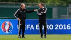 Northern Ireland manager Michael O’Neill (right) speaks to his assistant Jimmy Nicholl  during a training session at Saint-George-de-Reneins. Photograph: Jonathan Brady/PA Wire