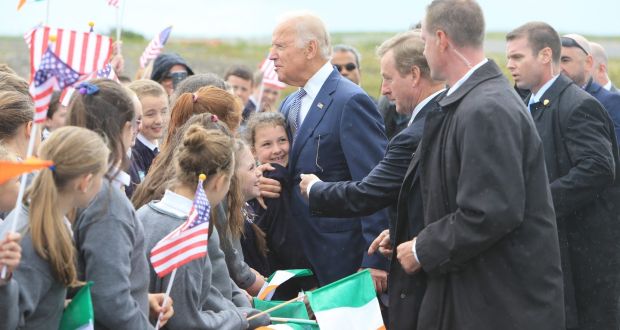  US vice-president Joe Biden is hugged by Abbie Conway from Knock, Co Mayo,   as he and Taoiseach Enda Kenny are greeted by schoolchildren from  four local schools - St Attracta’s, Charlestown; Barnacogue; Tavneena and Cloonlyon, upon their arrival at Ireland West  Airport Knock. Photograph: Paul McErlane/EPA