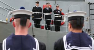 Crew members during the decommissioning ceremony of the Irish Naval Service vessel LÉ Aisling at Galway Docks on Wednesday. Photograph: Joe O’Shaughnessy