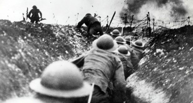  British troops go over the top from the trenches in  the Battle of the Somme. Photograph: Popperfoto/Getty