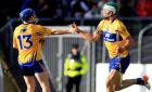 Aaron Shanagher e celebrates scoring Clare’s  fourth goal with Podge Collins during the All-Ireland SHC Round 1  Qualifier at Cusack Park in Ennis. Photograph:  Donall Farmer/Inpho