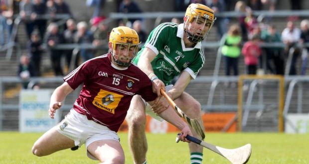 kWestmeath’s Darragh Egerton and Richie English of Limerick during Limerick’s qualifier win over Westmeath in Mullingar. Photograph: Inpho