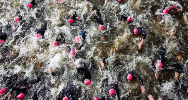 Swimmers taking part in the Athy Triathlon: When most of the swimmers disappeared off into the distance, Paul Cullen was left with the space and time to focus on swimming the 1,500m at his own steady pace. Photograph: INPHO/Morgan Treacy