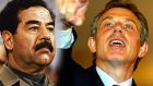 Saddam Hussein and Tony Blair: By the time Blair visited George W Bush at his estate in Crawford, Texas, in April 2002, British thinking about Iraq had hardened. Intelligence chiefs told Blair that Saddam could not be removed without an invasion but that Iraq must disarm or be disarmed.