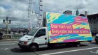 The billboard truck drove around London and its message was simple: “Dear start-ups: Keep calm and move to Berlin.” Photograph: Free Democratic Party/PA Wire 