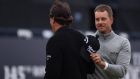 Henrik Stenson and Phil Mickelson shake hands at the end of the third round of the British OPen at Royal Troon. Photograph: Gerry Penny/EPA
