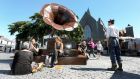 Sculptor Donnacha Cahill’s giant pop-up audio visual sculpture, The Gramophone,  at the market outside St Nicholas’ Collegiate Church  as part of Galway International Arts Festival. Photograph: Joe O’Shaughnessy