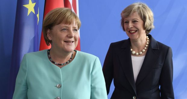 German chancellor Angela Merkel and British prime minister Theresa May at their first formal meeting in Berlin. Amid the smiles, it was the first frisson of tension. Photograph: John MacDougall/AFP/Getty Images