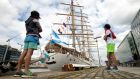 Diego (8)and Patricio Appendino (10) from the Docklands Dublin, at the Tall Ship Frigate A.R.A Libertad in Dublin. Photograph: Dara Mac Donaill / The Irish Times