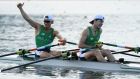 Gary and Paul O’Donovan of Ireland celebrate after finishing third in their lightweight men’s double sculls semi final yesterday, thereby qualifying for the final. Photograph: Matthias Hangst/Getty Images