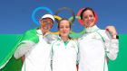 Ireland’s Lizzie Lee, Fionnuala McCormack and Briege Connolly after competing in the women’s marathon. Photo: James Crombie/Inpho